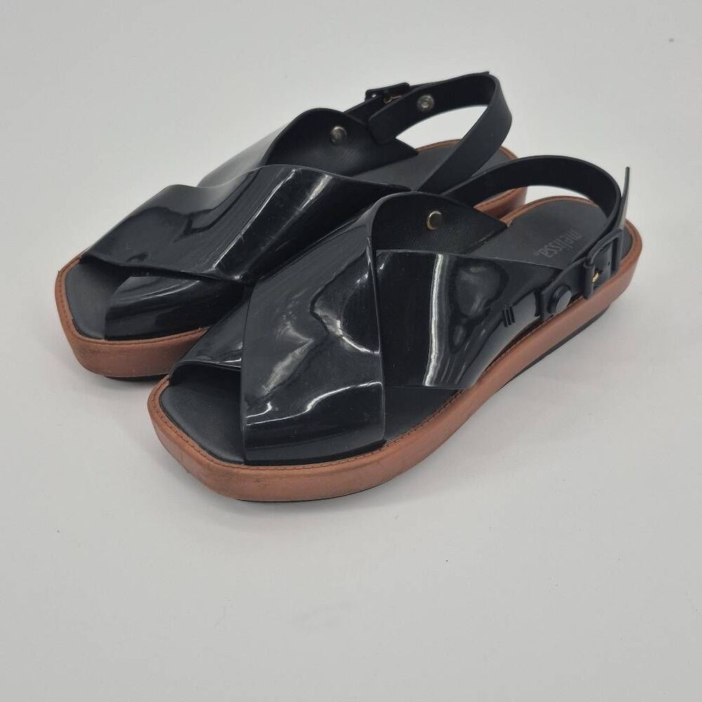 Melissa Black Patent Crisscross Sandals with Brown Platform